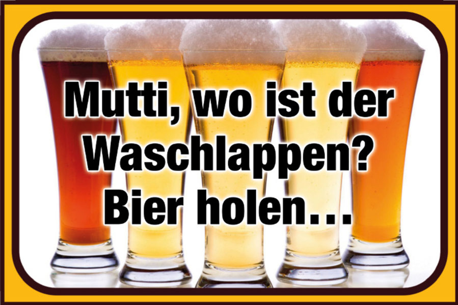 Blechschild „Mutti, wo ist der Waschlappen? Bier holen“ – Lustiger Spruch Retro Deko – 20x30 cm