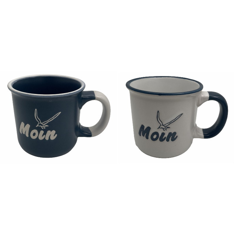 Tasse mit stilisiertem Leuchtturm und Moin‑Schrift im nordischen Design, in Blau und Grau erhältlich