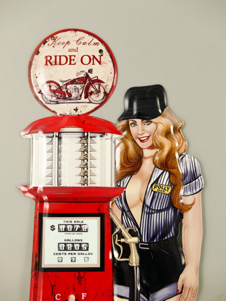 Blechschild mit Thermometer Tankstelle Pin Up Girl Ride On - 48x20 cm