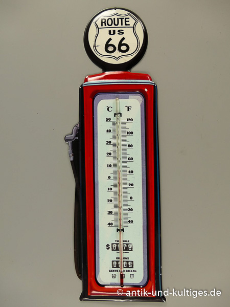 Blechschild mit Thermometer Tanksäule Route 66 - 48x15 cm