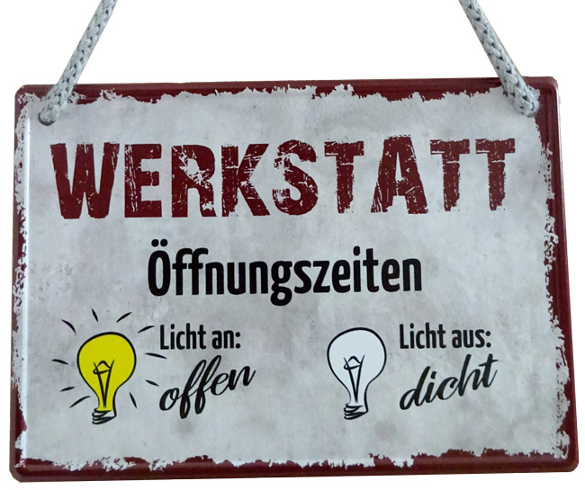 Hängeschild Werkstatt-Öffnungszeiten - 16,5x11,5 cm