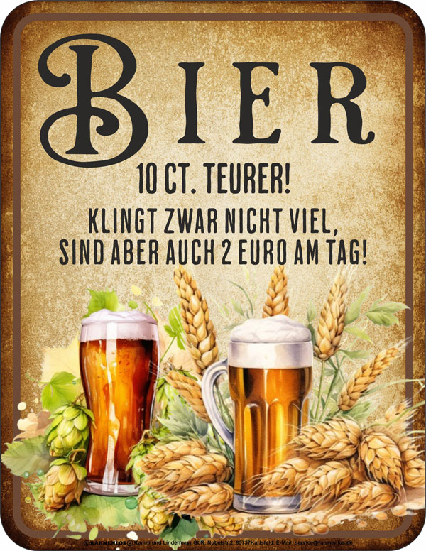 Blechschild Bier teurer - RAHMENLOS® - 17x22 cm