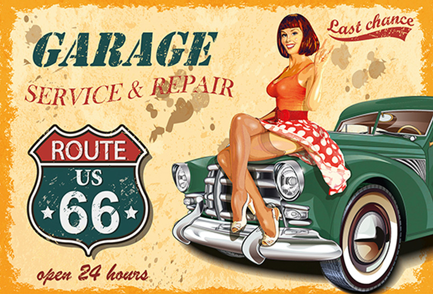 Blechschild Route 66 USA – Cooles Pin-Up Girl im Route-66-Stil für Garage, Bar & Männerzimmer | 20x30 cm
