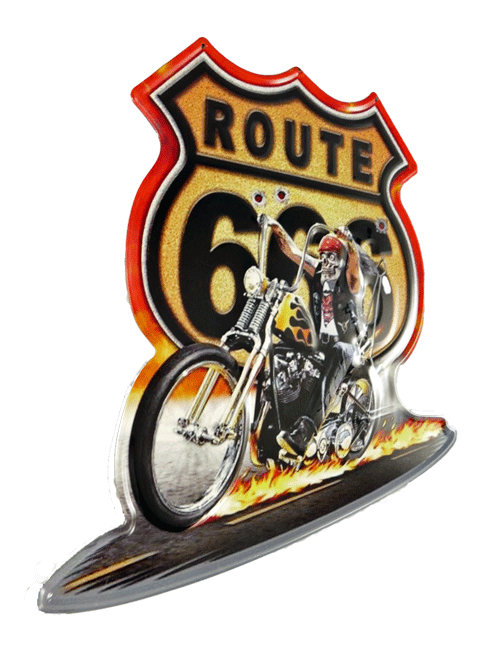 Blechschild Route 66 Flammender Asphalt – Feurige US-Retro-Deko für Biker & Motorradfans, 41 x 44 cm