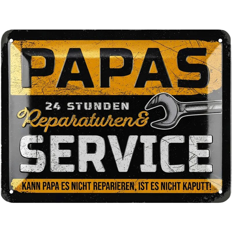 Blechschild „Papas Service“ – Lustiges Geschenk für Papa & witzige Männer-Deko für Werkstatt, Garage & Zuhause – 15x20 cm