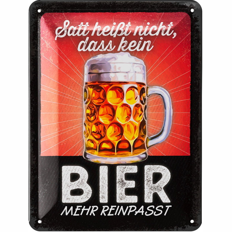 Blechschild „Satt heißt nicht, dass kein Bier mehr reinpasst“ – Lustige Bier-Deko & Geschenkidee 15x20 cm