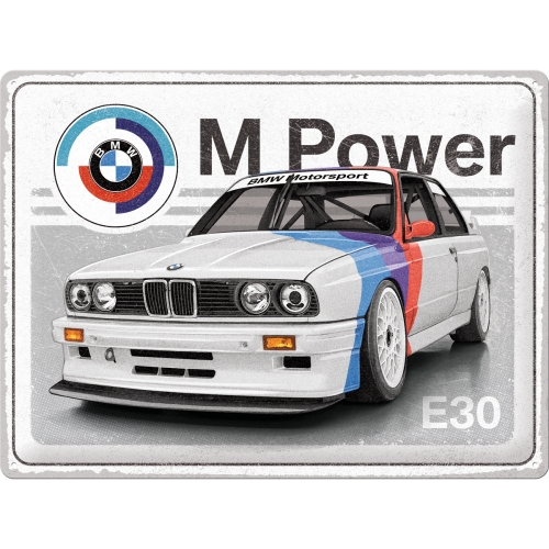 Rechteckiges BMW‑Blechschild 30x40 cm aus Metall mit farbigem M‑Power‑Design.