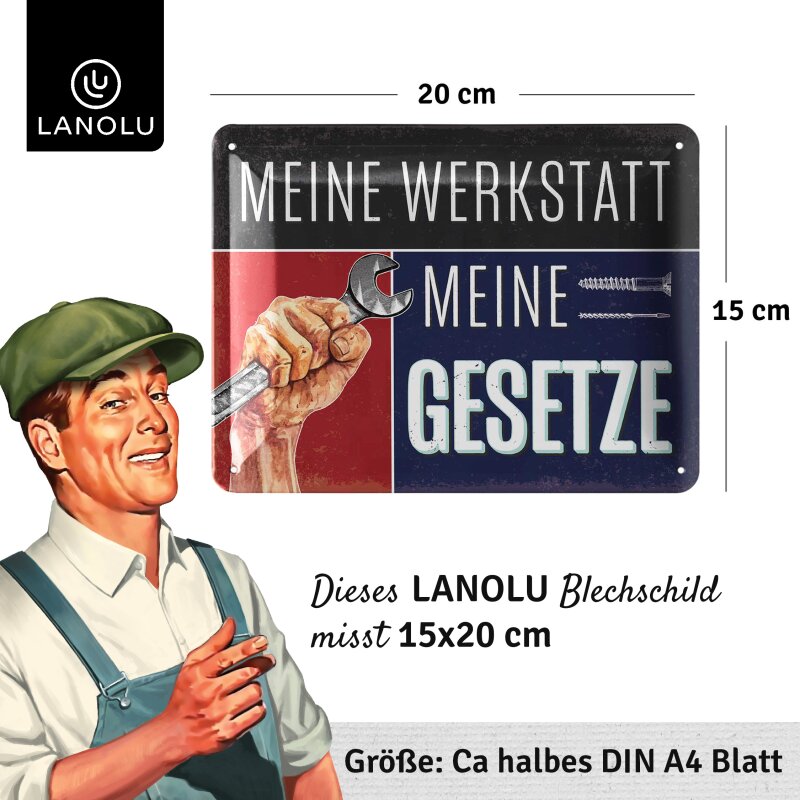 Blechschild „Meine Werkstatt – meine Gesetze“ – Lustige Werkstatt-Deko für echte Heimwerker | 15x20 cm