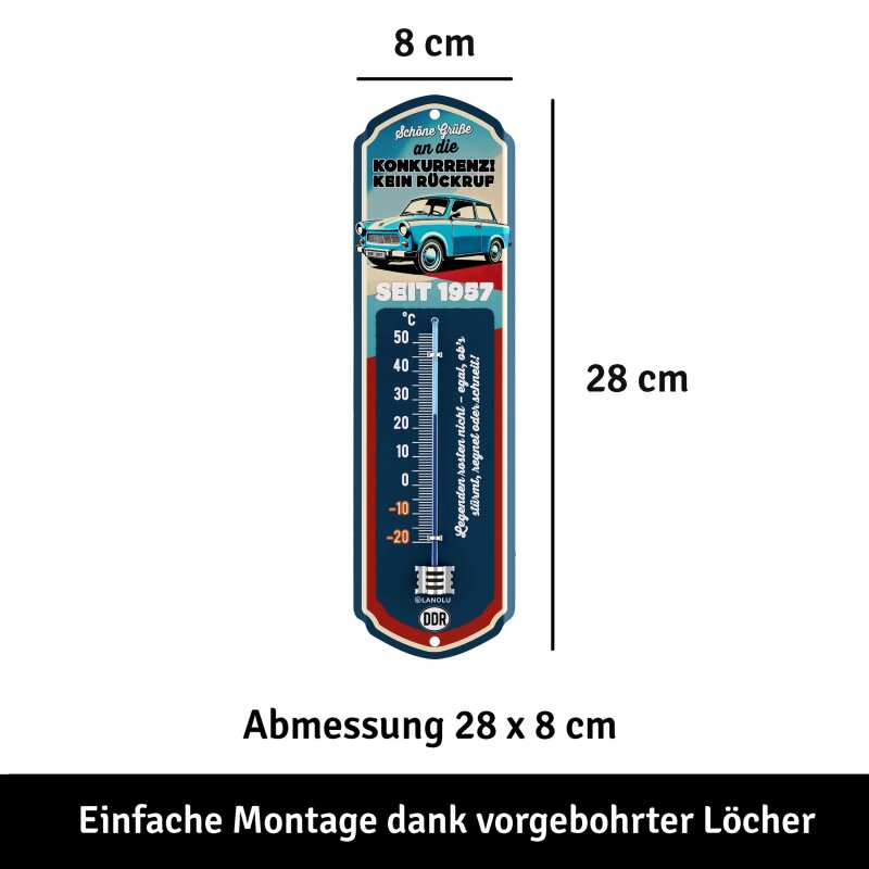 Thermometer Trabant „Schöne Grüße an die Konkurrenz!“ – DDR Ostalgie Auto-Deko & Geschenk - 8x28 cm