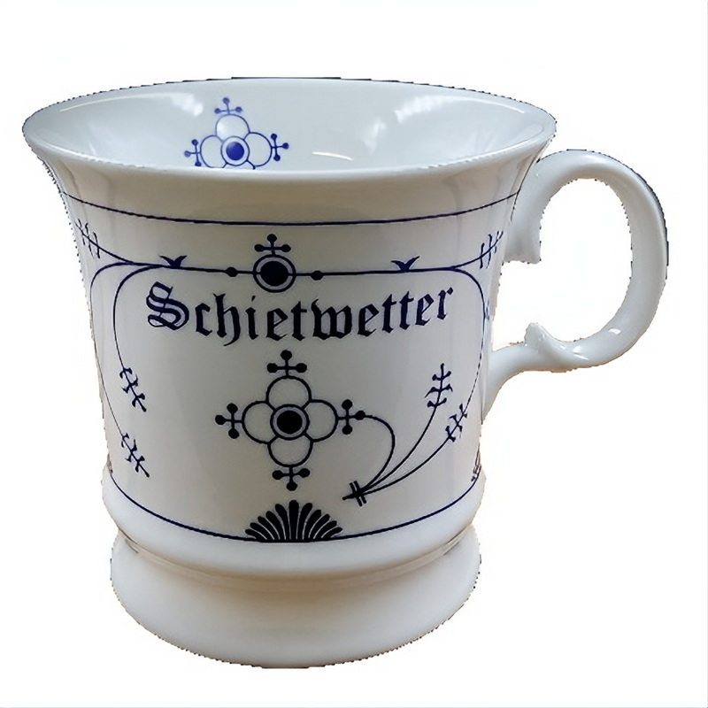 Schietwetter Porzellantasse mit indisch blauer Schrift und feinen Ornamenten im klassischen Indisch‑Blau‑Stil