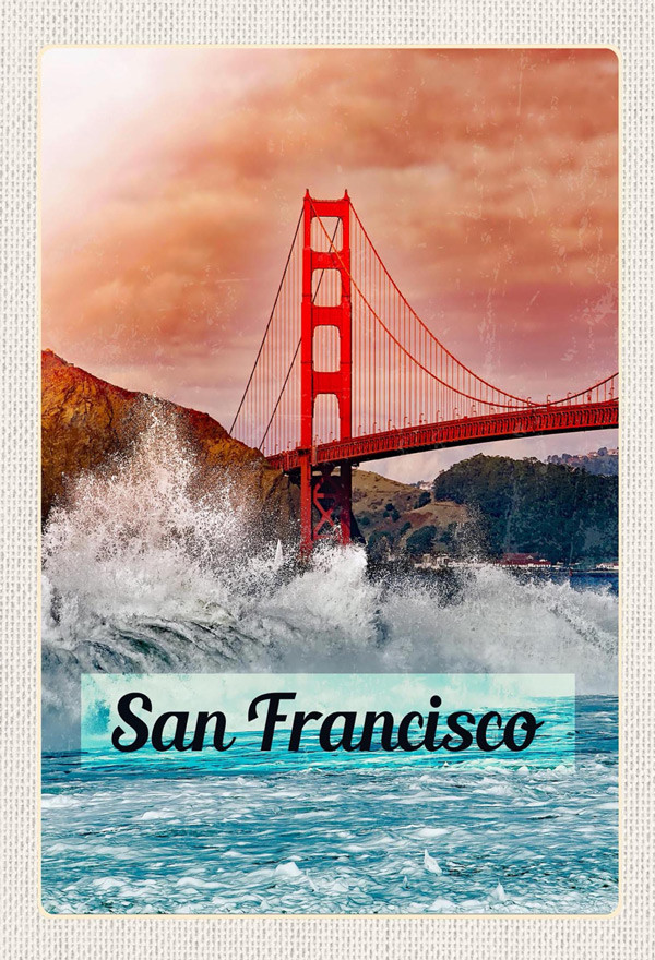 Holzschild San Francisco Golden Gate Bridge Wellen USA Wandbild - 20x30 cm