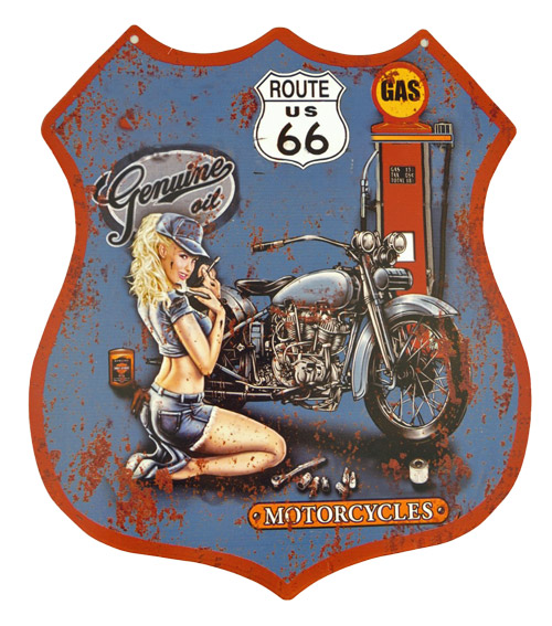 Blechschild Route 66 Motorcycle mit Pin Up Girl - 30x35 cm