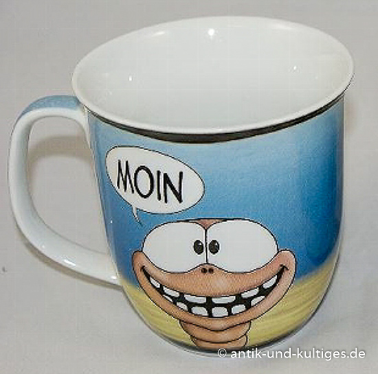 Kaffeebecher „Moin schon wach“ von Hösti mit lustigem Wattwurm‑Cartoon mit Spruch