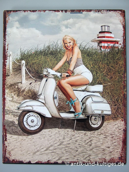 Blechschild Scooter Motorroller Pin Up Girl - 20x25 cm
