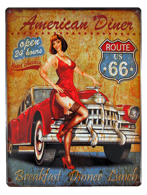 Blechschild Route 66 American Diner Pin Up Girl - 30x40 cm