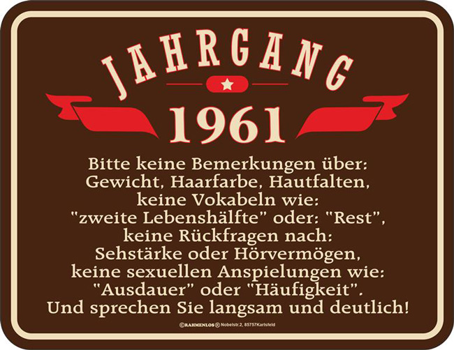 Blechschild Jahrgang 1961 - RAHMENLOS® - 17x22 cm