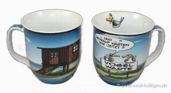 Lustiger Kaffeebecher Vogelwarte von Hösti mit zwei Möwen im Cartoon‑Stil und witzigem Spruch